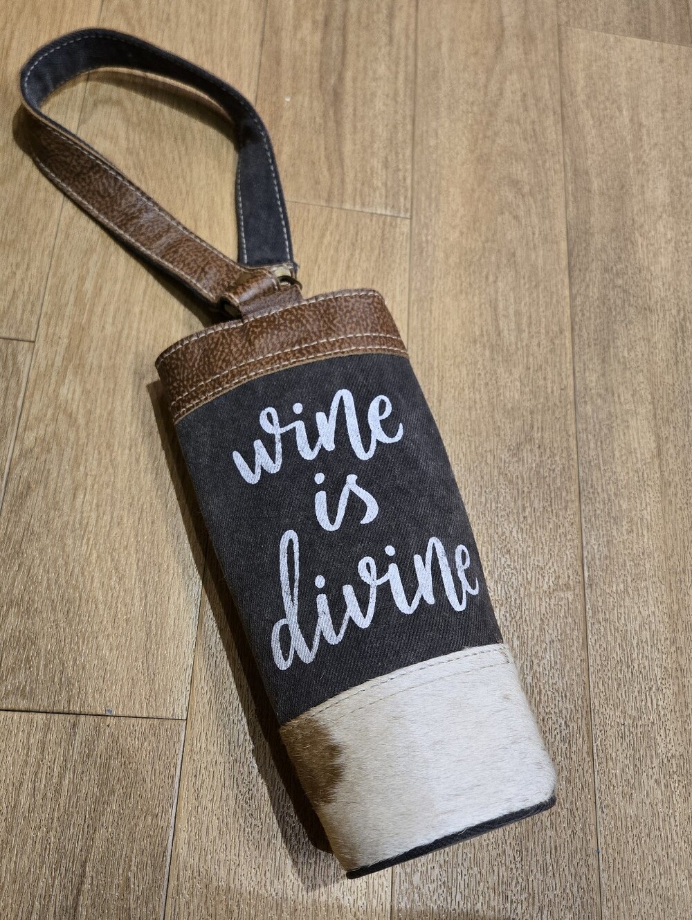 Myra Bag Brown & Cream "Wine is Divine" Bottle Tote